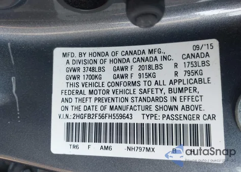 2015 Honda Civic Lx из США, поврежденный, VIN 2HGFB2F56FH559643